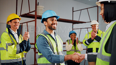 Buy stock photo Engineer, builder and handshake on site with applause, well done and approval of property renovation. Happy, people clap and shaking hands in building with construction worker, deal and partnership.