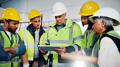 Buy stock photo Architecture, team and talk at site with tablet, meeting or review AI rendering of building project. Architect, manager and people with tech for online design, collaboration and guide for renovation.