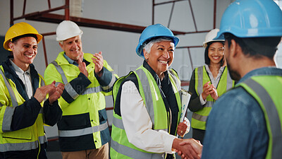 Buy stock photo Engineer, builder and handshake on site with clapping, well done and approval of property renovation. Happy, people and shaking hands in building with construction worker, applause and partnership.