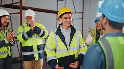 Buy stock photo Architect, smile and applause with team in building, laughing or celebration for project achievement. Happy people, clapping and collaboration with colleagues, civil engineer and construction success