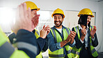 Clapping, people and construction team in office with collaboration, achievement or completed repairs. Happy, applause and civil engineering group with celebration for building goals together.