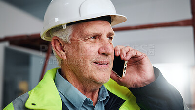 Buy stock photo Technician, smile and man with phone call for architect schedule, renovation or inspection. Mature person, engineer and discussion with quality assurance, maintenance and tech for property management