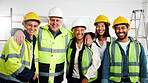 Happy, portrait and people with unity for construction, site management or renovation collaboration. Project diversity, engineers and hug with PPE for remodeling solidarity, development team or laugh
