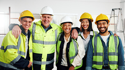Buy stock photo Happy, portrait and people with unity for construction, site management or renovation collaboration. Project diversity, engineers and hug with PPE for remodeling solidarity, development team or laugh