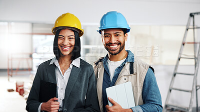 Buy stock photo Portrait, contractor and team at site for development, building construction or about us with tablet. Collaboration, architect and happy people with solidarity, clipboard and industrial workforce