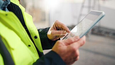 Buy stock photo Architect, scroll and hands with tablet in building, search or plan for property development on web. Civil engineering, project and person with technology, construction and renovation design on app