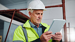 Engineer, man and research at construction site with tablet, app or check property design for safety. Mature person, engineering expert and online with tech for building compliance, review and plan.