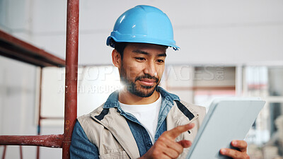 Buy stock photo Architect, research and man with tablet in building, online or plan for property development on web. Civil engineering, project and person with technology, construction and renovation design on app