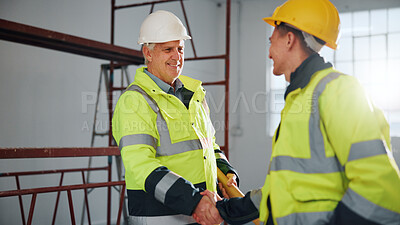 Buy stock photo Architect, handshake and happy men with blueprint in building, agreement or celebration for project. People, shaking hands and collaboration for construction success, civil engineering and meeting