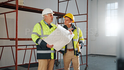 Buy stock photo Architect, team and men with blueprint in building, conversation or planning for renovation project. Civil engineering, inspection and people with paperwork, collaboration and property development