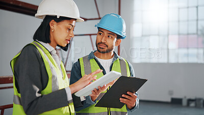 Buy stock photo Architect, research and team with tablet in building, online or plan for property development on web. Civil engineering, project and people with technology, construction and renovation design on app