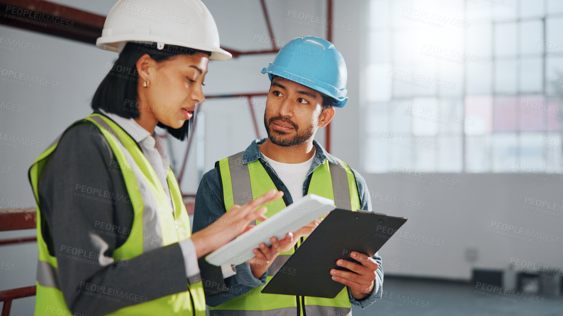 Buy stock photo Architect, research and team with tablet in building, online or plan for property development on web. Civil engineering, project and people with technology, construction and renovation design on app
