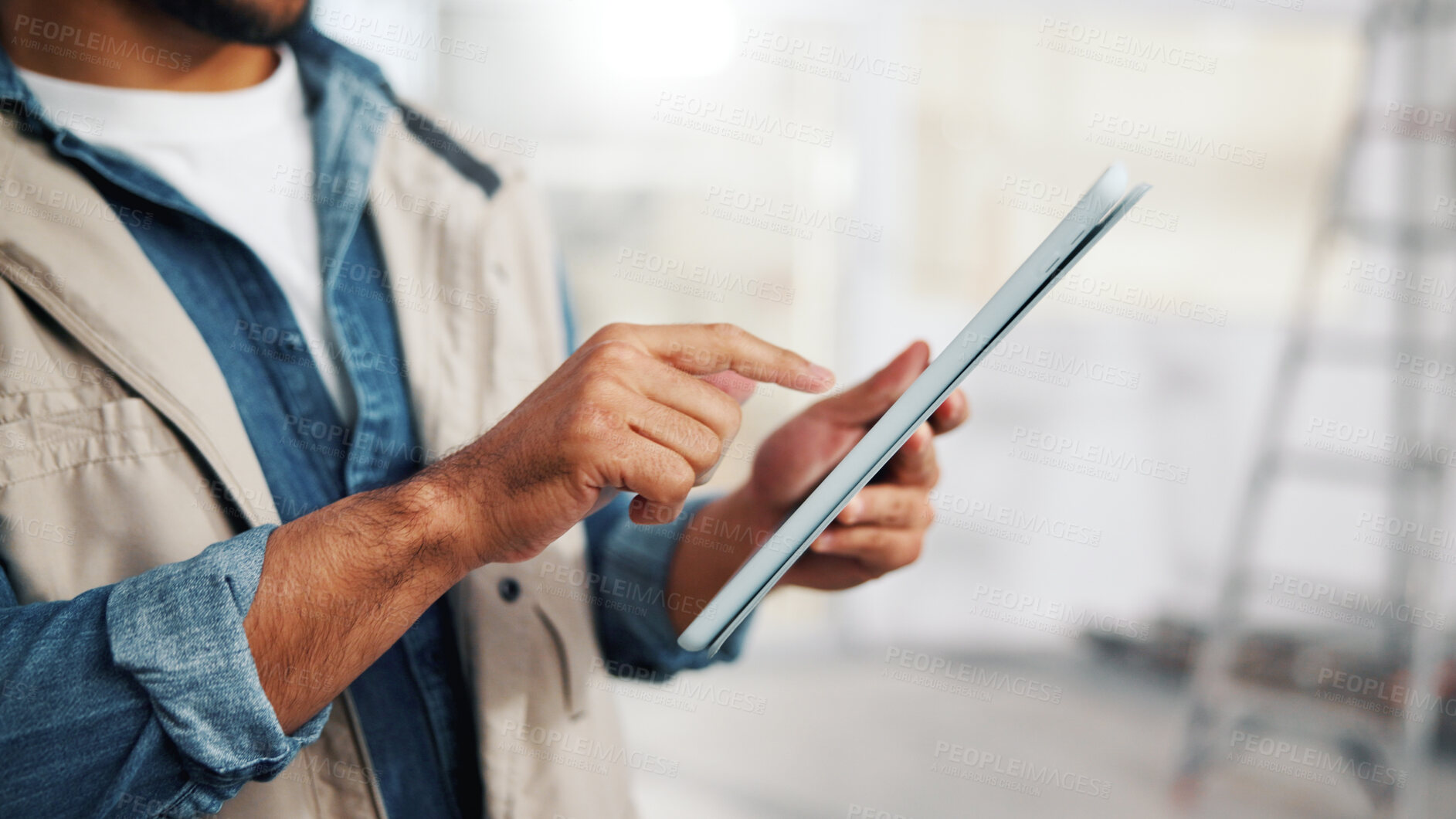 Buy stock photo Architect, research and hands with tablet in building, info or plan for property development on web. Civil engineering, project and person with technology, construction and renovation design on app