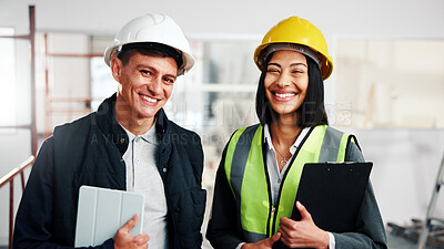 Buy stock photo Portrait, architect and team at site for construction, building development and about us with tablet. Collaboration, engineer and happy people with solidarity, clipboard and industrial workforce