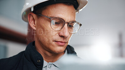 Buy stock photo Architect, glasses and man with tablet in building, research or plan for property development on web. Civil engineering, project and person with technology, construction and renovation design on app