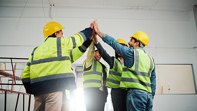 Buy stock photo Hands together, team and engineer with people in building for inspection, architect and support. Collaboration, construction and success with contractor for property surveyor, goal and renovation