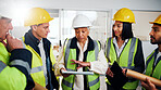 Construction, team and talk at site with tablet, management or instructions for building renovation. Project manager, people and discussion with tech for remodeling design, collaboration or guidance.
