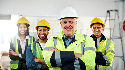 Buy stock photo Smile, man and group with arms crossed for construction, site leader and renovation collaboration. Mature foreman, engineers and confident with PPE for remodeling portrait, development team or pride