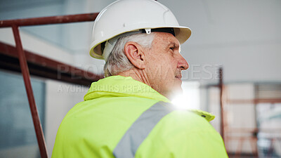 Buy stock photo Thinking, man and engineer at site with helmet, protection and inspection for construction. Flare, mature person and contractor with hard hat for ppe, safety and quality control for building progress