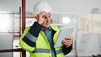 Technician, thinking and man with tablet for engineer schedule, renovation or inspection. Mature person, architecture and employee with quality assurance, maintenance and tech for property management