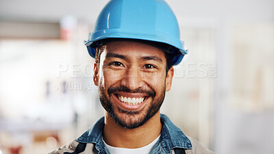 Buy stock photo Technician, portrait and man with smile for engineer, renovation development or inspection. Happy person, architecture and confidence for quality assurance, maintenance or property management