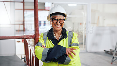Buy stock photo Portrait, woman and happy with arms crossed for construction, renovation project and supervision. About us, mature person and smile with PPE for site manager, industry expertise and building scaffold