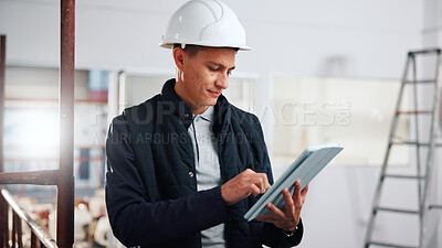 Buy stock photo Architect, scroll and man with tablet in building, research or plan for property development on web. Civil engineering, project and person with technology, construction and renovation design on app