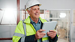 Technician, smile and man with tablet for engineer schedule, renovation or inspection. Mature person, architecture and employee with quality assurance, maintenance and tech for property management