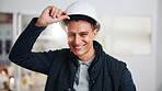 Portrait, man and engineer at site with helmet, protection and project compliance for construction. Smile, person and contractor with hard hat for ppe, safety and quality control of building progress