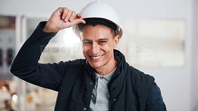 Buy stock photo Portrait, man and engineer at site with helmet, protection and project compliance for construction. Smile, person and contractor with hard hat for ppe, safety and quality control of building progress