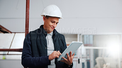 Buy stock photo Architect, smile and man with tablet in building, online or planning for property development on web. Civil engineering, project and happy person with technology, construction and renovation design