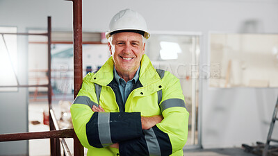 Buy stock photo Portrait, man and happy with arms crossed for construction, renovation project and supervision. Foreman, mature person and smile with PPE for site manager, industry expertise and building oversight