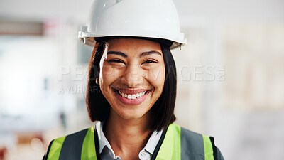 Buy stock photo Portrait, woman or technician with smile in factory for inspection, development or maintenance. Happy, female person and hard hat for building safety, quality control and engineering for expansion