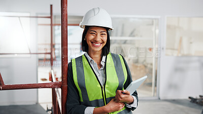 Buy stock photo Portrait, woman or technician with tablet in factory for inspection, development or maintenance. Tech, female person and hard hat for building safety, quality control and engineering for expansion