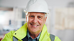 Technician, portrait and man with smile for engineer, renovation development or inspection. Mature person, architecture and confidence for quality assurance, maintenance or property management