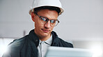 Architect, reading and man with tablet in building, online and plan for property development on web. Civil engineering, project and person with glasses, construction and renovation design with tech