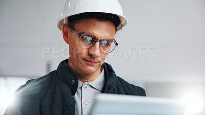 Buy stock photo Architect, reading and man with tablet in building, online and plan for property development on web. Civil engineering, project and person with glasses, construction and renovation design with tech