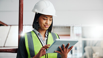 Buy stock photo Engineer, woman and scroll at construction site with tablet, app or check property design for safety. Engineering contractor, person and browse with tech for building compliance, review and planning.