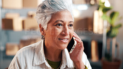 Buy stock photo Small business, woman or smile with phone call for logistics, shipping enquiry or delivery feedback. Supply chain, mature owner or mobile chat in storage for courier update, rate negotiation or talk