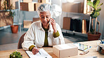 Small business, clipboard or woman with phone call for logistics, parcel enquiry or delivery update. Shipping startup, mature worker and mobile chat for package info, courier coordination or schedule