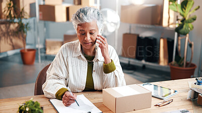 Buy stock photo Small business, clipboard or woman with phone call for logistics, parcel enquiry or delivery update. Shipping startup, mature worker and mobile chat for package info, courier coordination or schedule