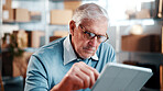 Review, man and tablet in small business for logistics, monitor live shipping and online invoice. Glasses, mature person or tech in storage for inventory system, track route or delivery status update