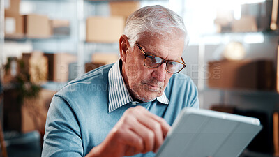 Buy stock photo Review, man and tablet in small business for logistics, monitor live shipping and online invoice. Glasses, mature person or tech in storage for inventory system, track route or delivery status update
