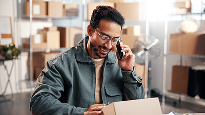 Buy stock photo Small business, box or man with phone call for logistics, parcel enquiry or delivery coordination. Shipping, happy worker or mobile chat in startup for order dispatch, package info or courier update