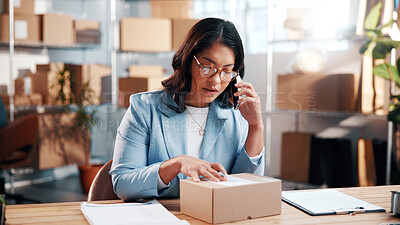 Buy stock photo Small business, box or woman with phone call for logistics, parcel enquiry or courier coordination. Shipping, worker and mobile chat in startup for order dispatch, processing return or verify address