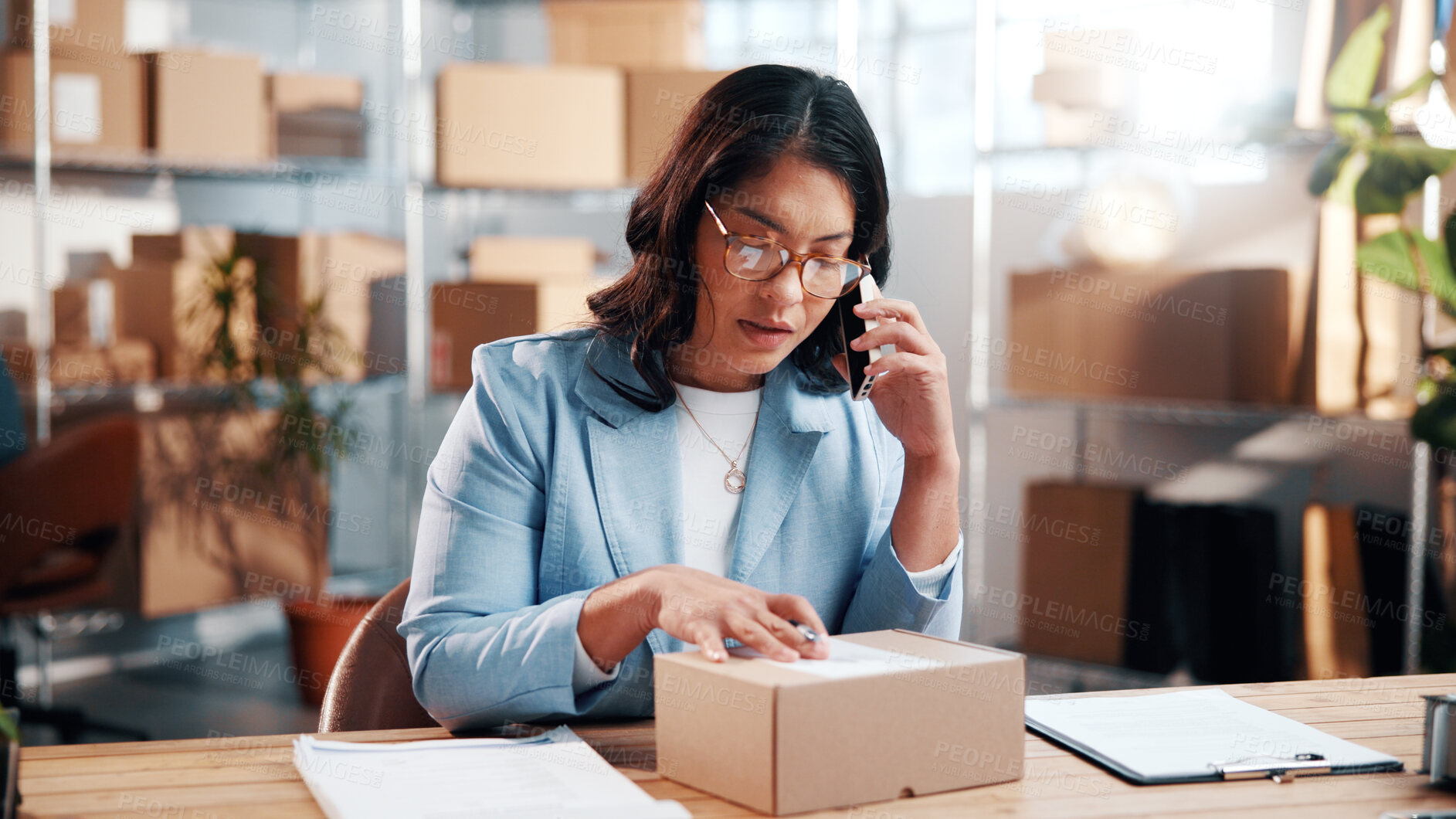 Buy stock photo Small business, box or woman with phone call for logistics, parcel enquiry or courier coordination. Shipping, worker and mobile chat in startup for order dispatch, processing return or verify address