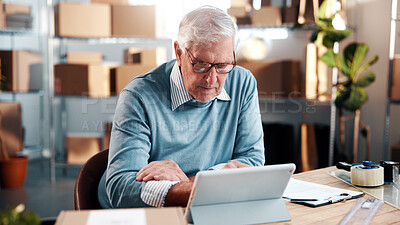 Buy stock photo Reading, man and tablet in small business for logistics, monitor live shipping or online invoice. Review, mature owner and tech in storage for inventory system, track route and delivery status update