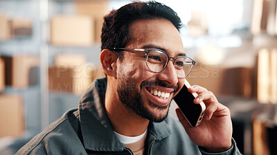 Buy stock photo Small business, man or happy with phone call for logistics, shipping enquiry or delivery feedback. Supply chain, worker and mobile chat in storage for customer service, courier update or conversation