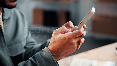 Buy stock photo Hands, man and phone in small business for shipping, logistics or digital receipt for online order. Supply chain, person or mobile app in startup for route search, track package or delivery schedule