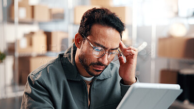 Buy stock photo Thinking, man and logistics worker with tablet in office with mistake on inventory or online order. Error, cargo service and supply chain manager with digital technology for delivery information.